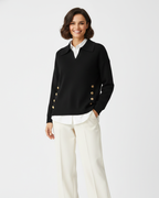 Camisola feminina malha macia decote V col camisa com botões dourados