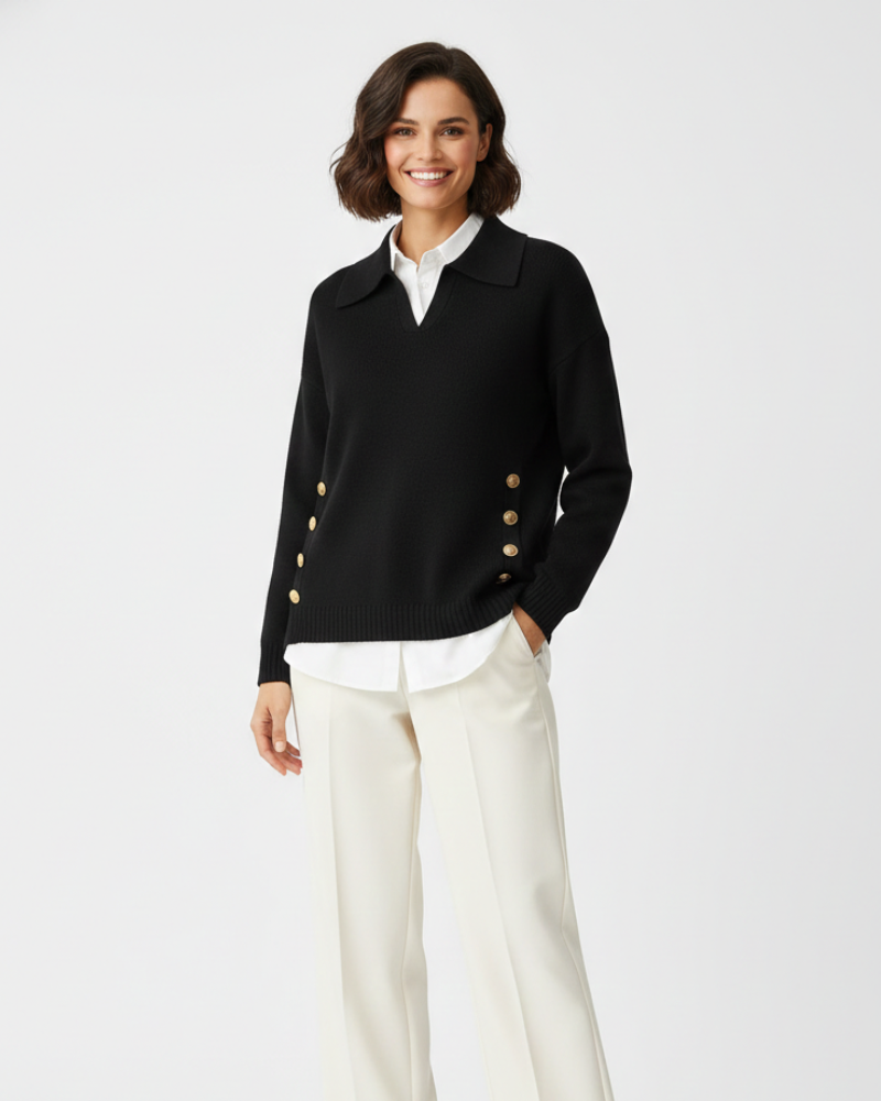 Camisola feminina malha macia decote V col camisa com botões dourados