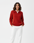 Camisola feminina malha macia decote V col camisa com botões dourados