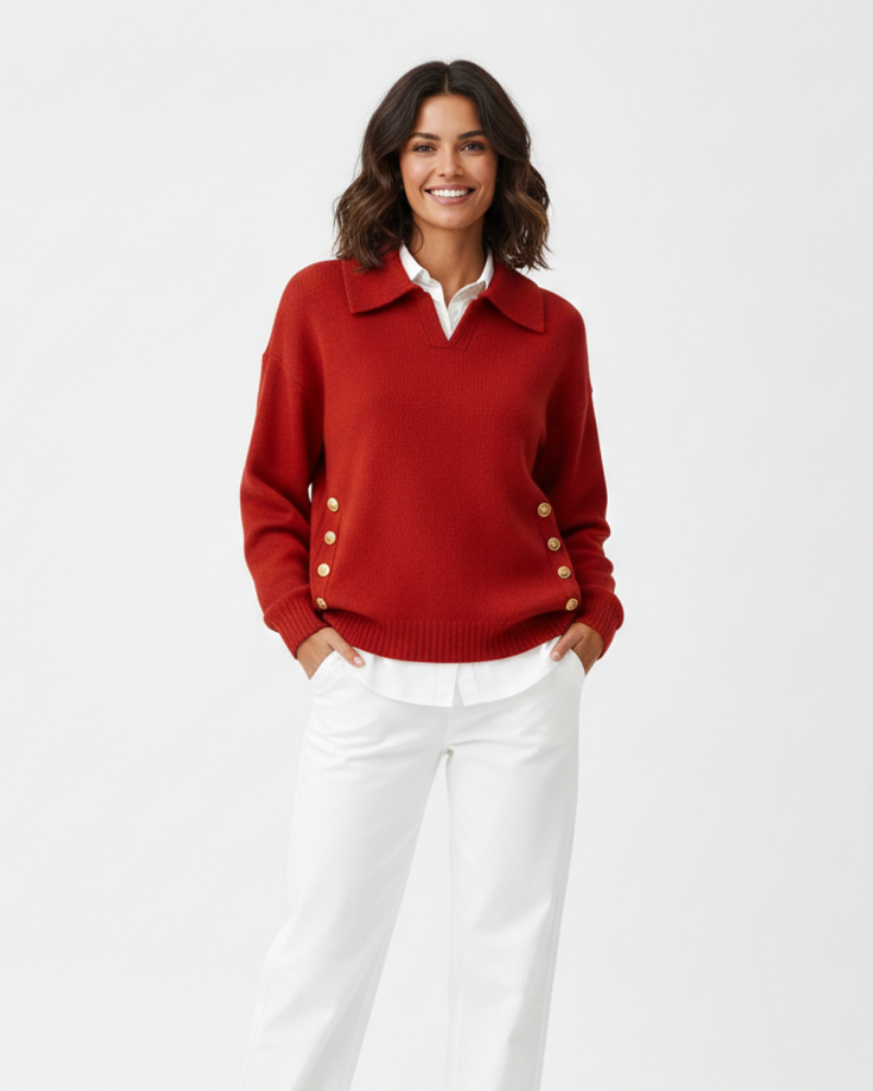 Camisola feminina malha macia decote V col camisa com botões dourados
