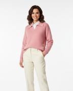Camisola feminina malha macia decote V col camisa com botões dourados