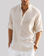 Camisa masculina manga longa com decote aberto e corte largo