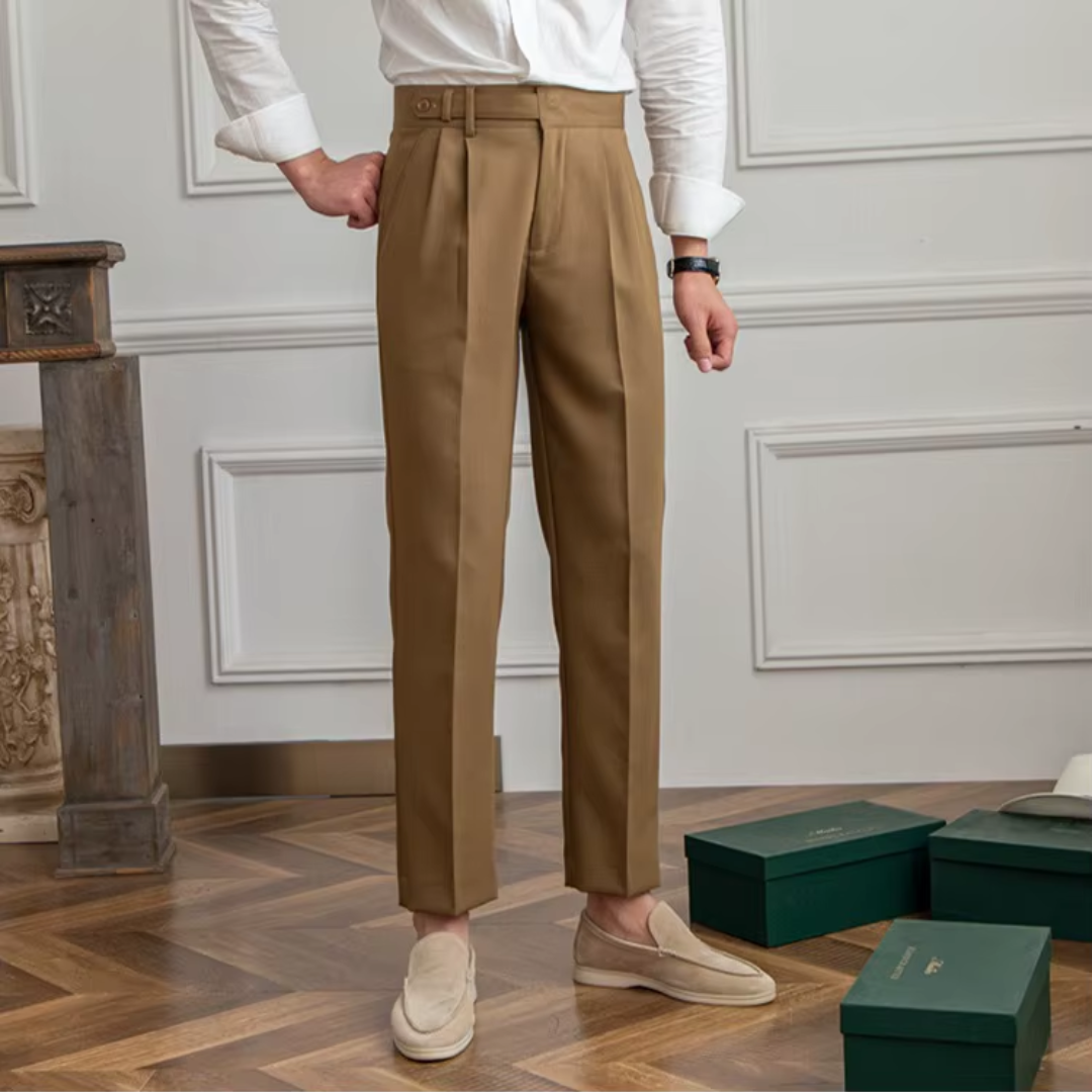 Calças masculinas plissadas cintura alta corte clássico elegante