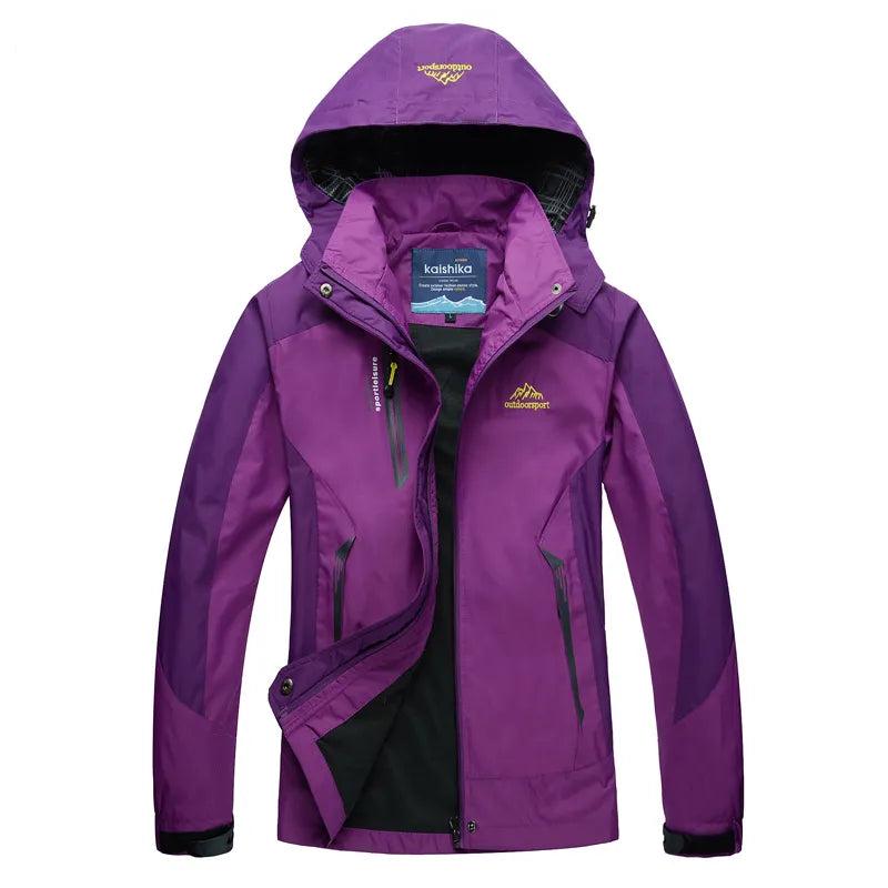 Casaco feminino impermeável com capuz color block fecho de correr