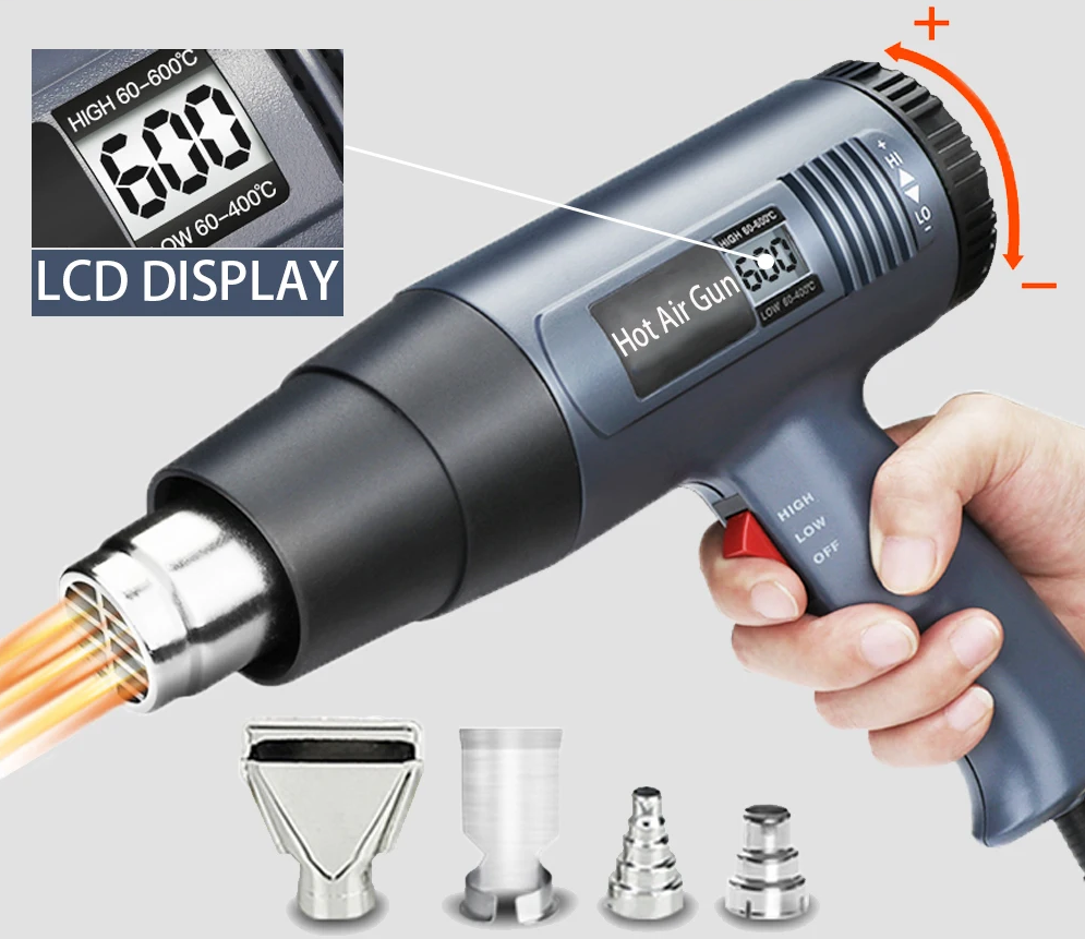 Pistola de calor elétrica industrial 2000W com ecrã LCD digital e temperatura ajustável 60-650°C