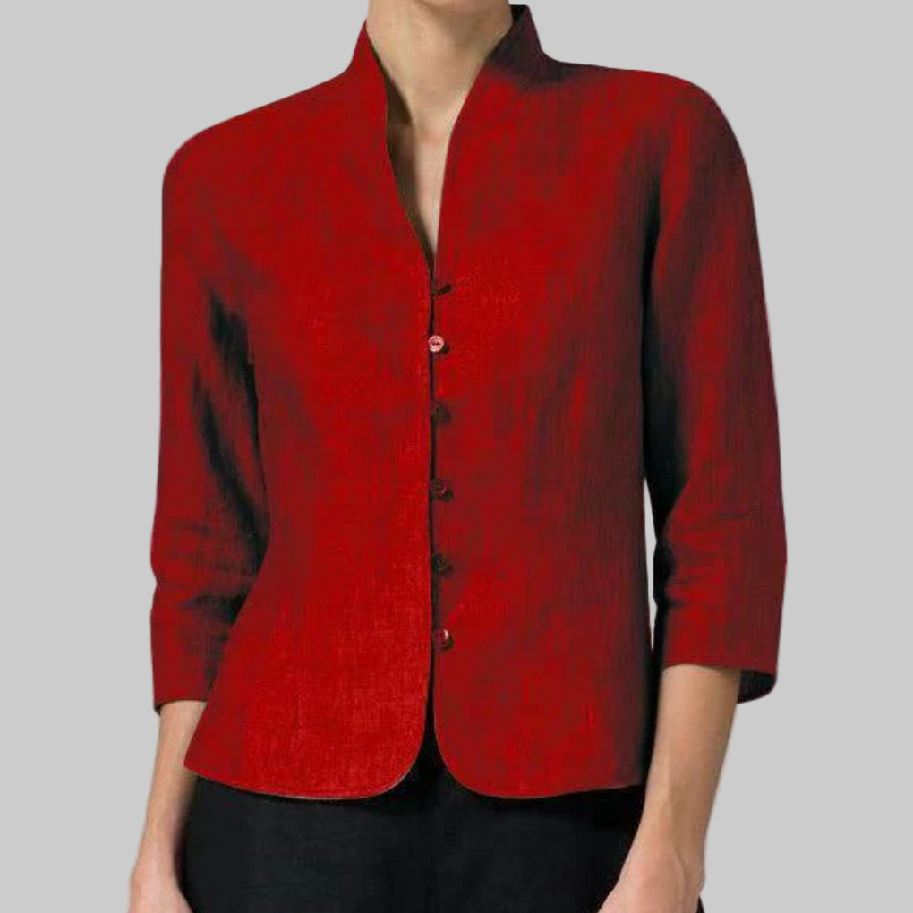 Blusa feminina gola alta manga três quartos com botões em tecido chambray