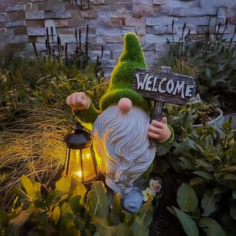 Gnomos Solares de Jardim em resina impermeável com luz LED branco quente e sensor de crepúsculo