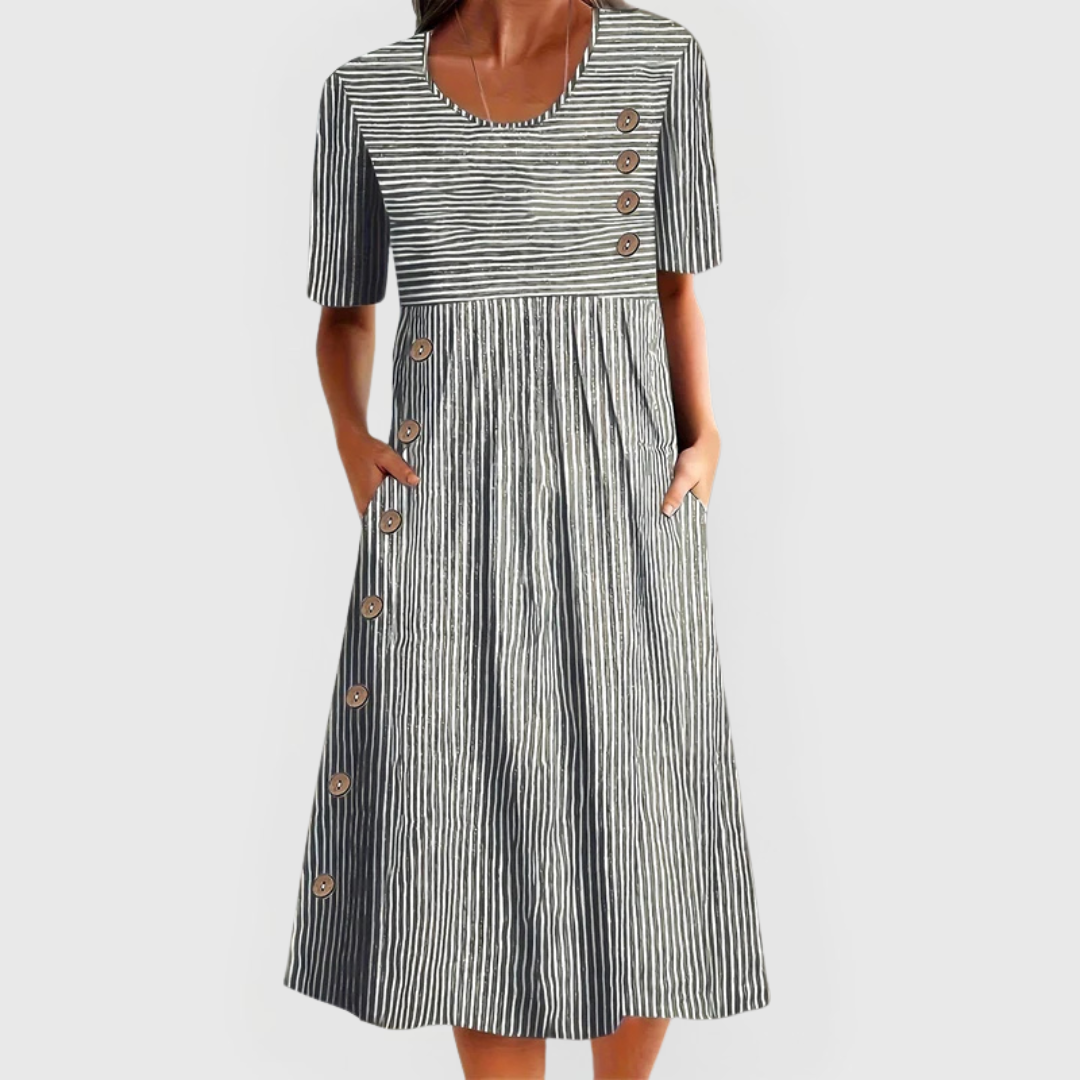 Vestido midi listrado manga 3/4 feminino casual leve