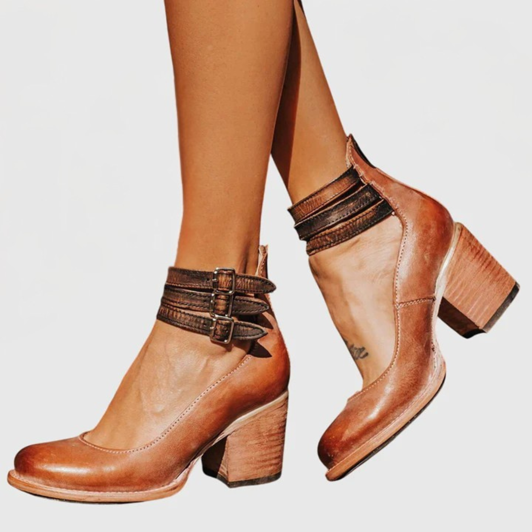 Botas femininas tornozelo salto bloco com fivelas decorativas