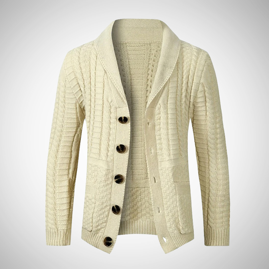 Cardigan masculino tricô com botões manga longa em cinza claro, bege e preto