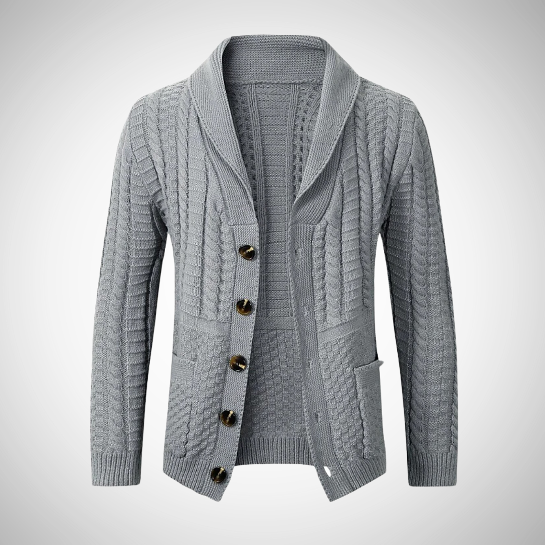 Cardigan masculino tricô com botões manga longa em cinza claro, bege e preto