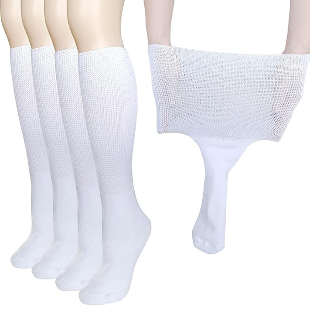 Meias extra largas linfedema diabetes sem compressão tamanho único branco