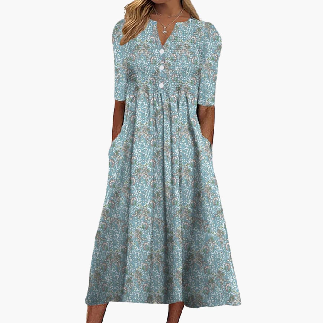 Vestido midi floral feminino com decote V e bolsos laterais