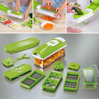 Cortador de legumes 12 em 1 multifuncional com lâminas inox e recipiente de recolha, branco e verde