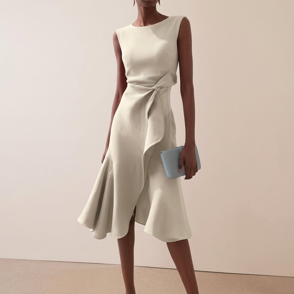 Vestido midi feminino drapeado assimétrico sem mangas silhueta evasê