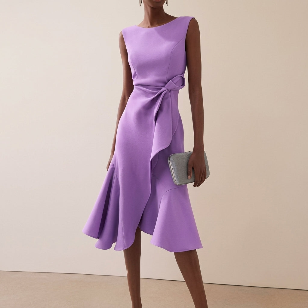 Vestido midi feminino drapeado assimétrico sem mangas silhueta evasê