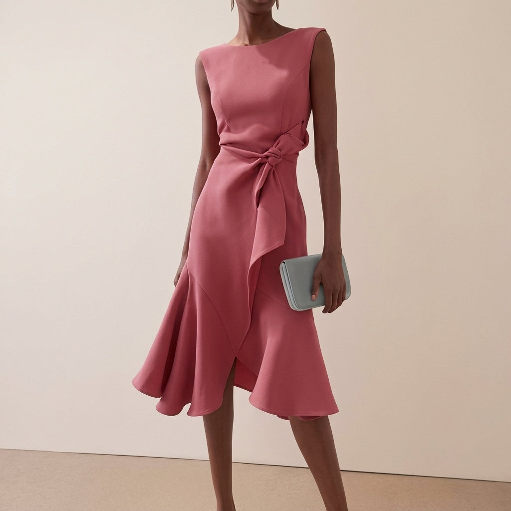 Vestido midi feminino drapeado assimétrico sem mangas silhueta evasê