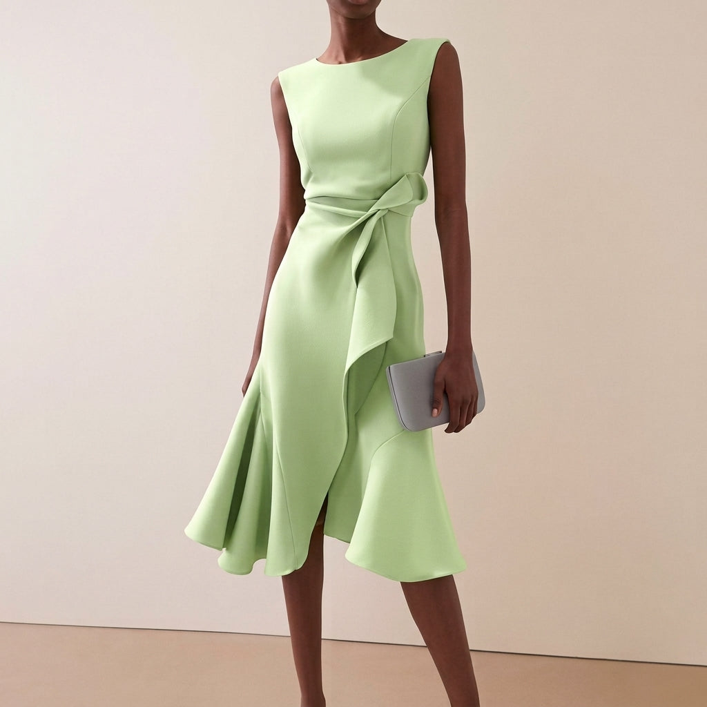 Vestido midi feminino drapeado assimétrico sem mangas silhueta evasê