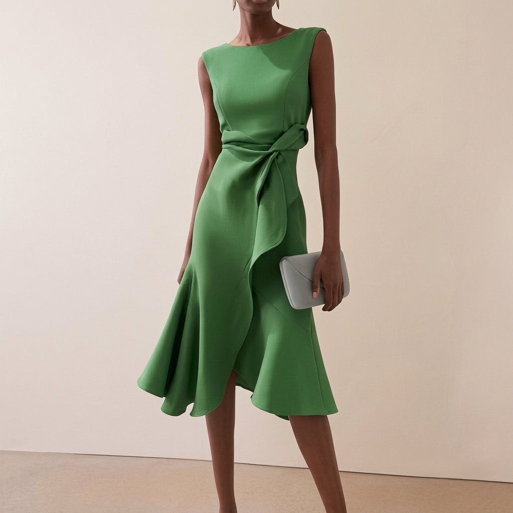Vestido midi feminino drapeado assimétrico sem mangas silhueta evasê
