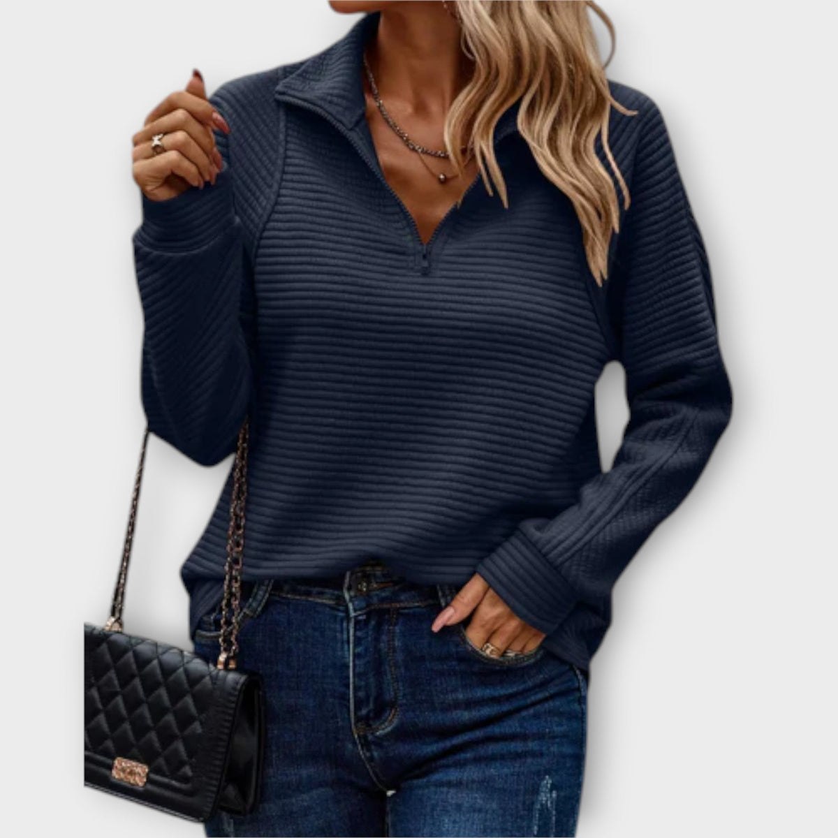 Camisola canelada feminina quarter-zip com gola, manga comprida
