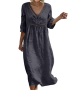 Vestido Longo Mulher | Algodão Linho, Decote V, Mangas 3/4 Bohemio
