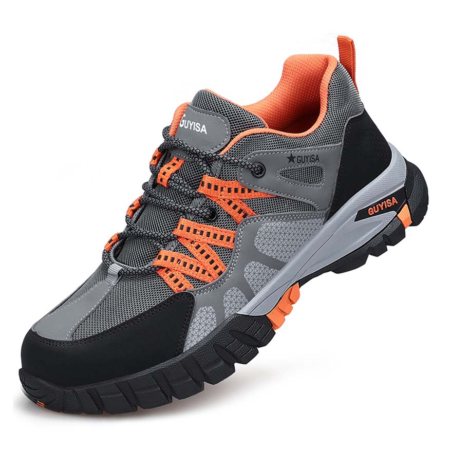 Sapatos de segurança masculinos com biqueira de aço, antiderrapante e leves, cinzento