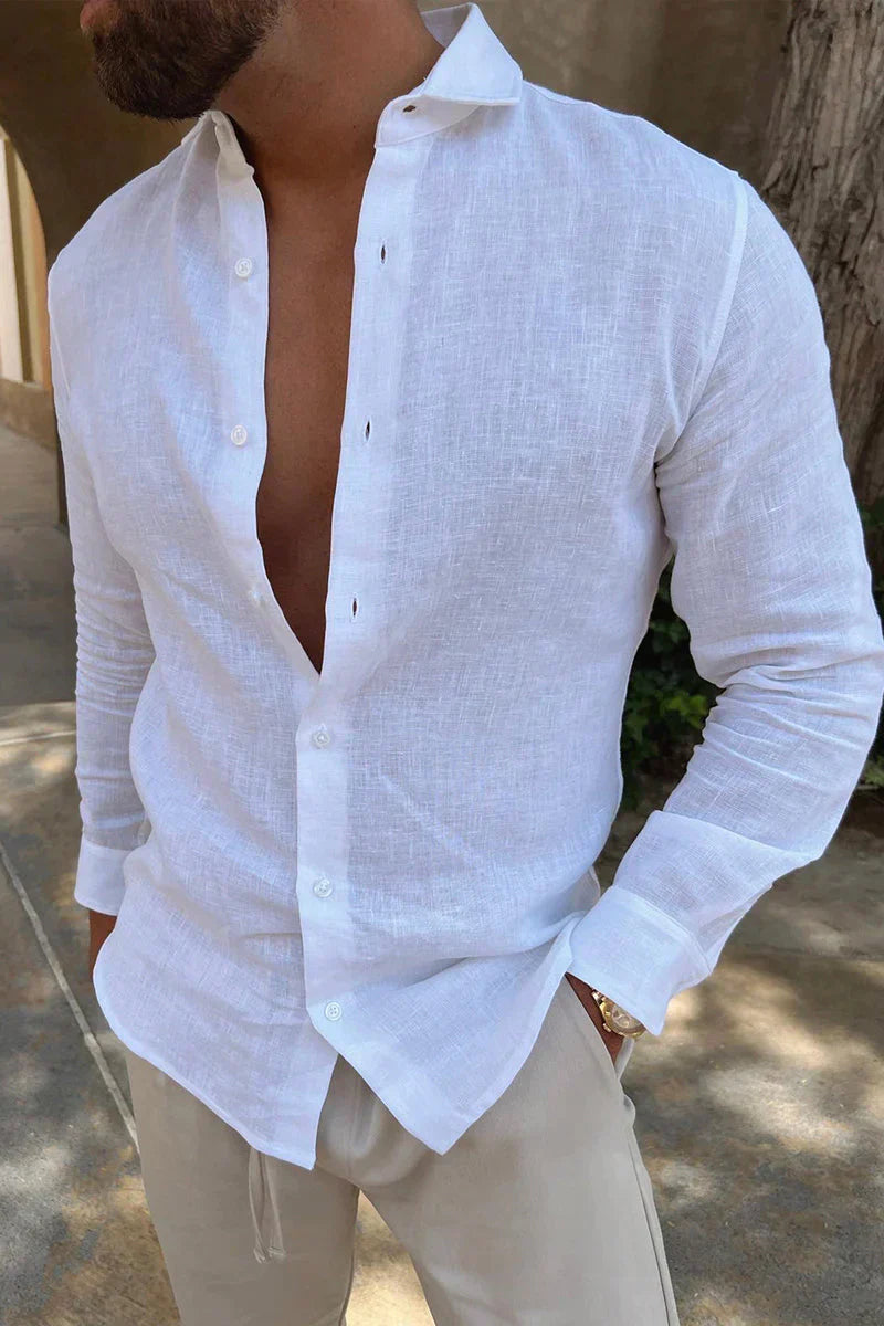 Camisa de Linho Branca | Manga Longa, Botões | Homem