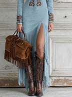 Vestido maxi feminino manga longa com franjas e bordado frontal