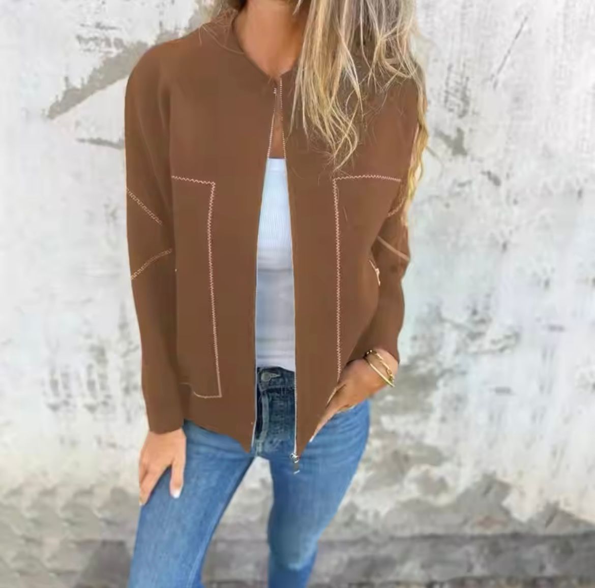 Casaco feminino impermeável com fecho de correr e forro isolante para outono e inverno