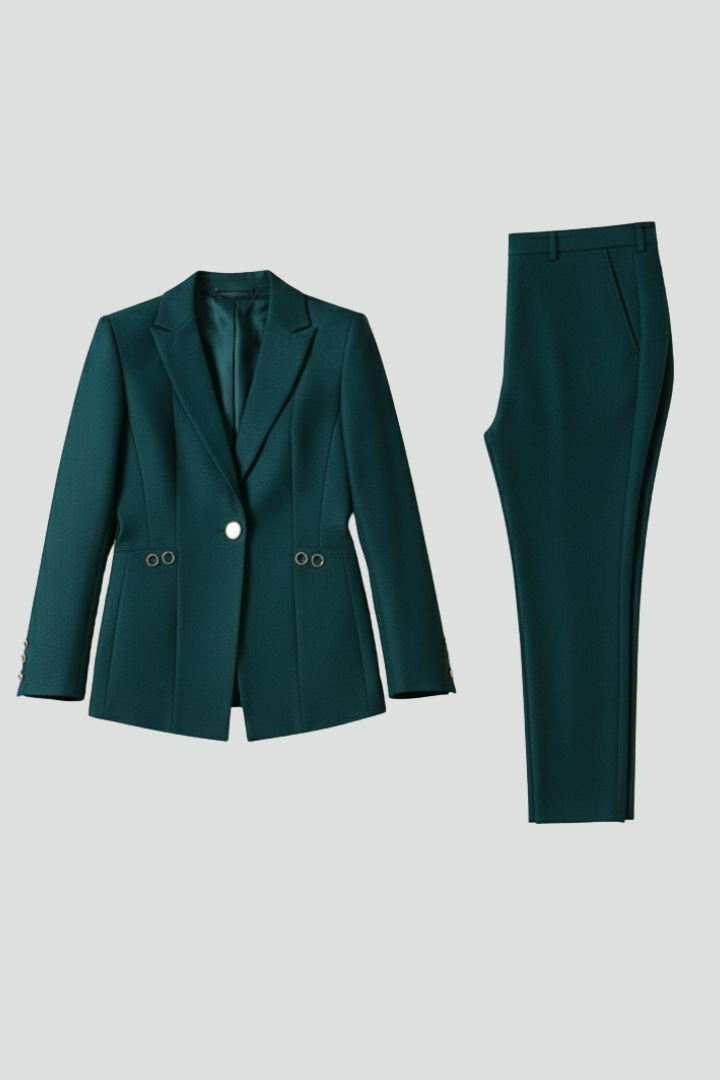 Conjunto feminino blazer e calça reta com botão, visual elegante e estruturado