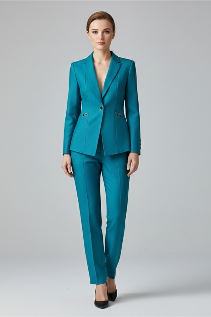 Conjunto feminino blazer e calça reta com botão, visual elegante e estruturado