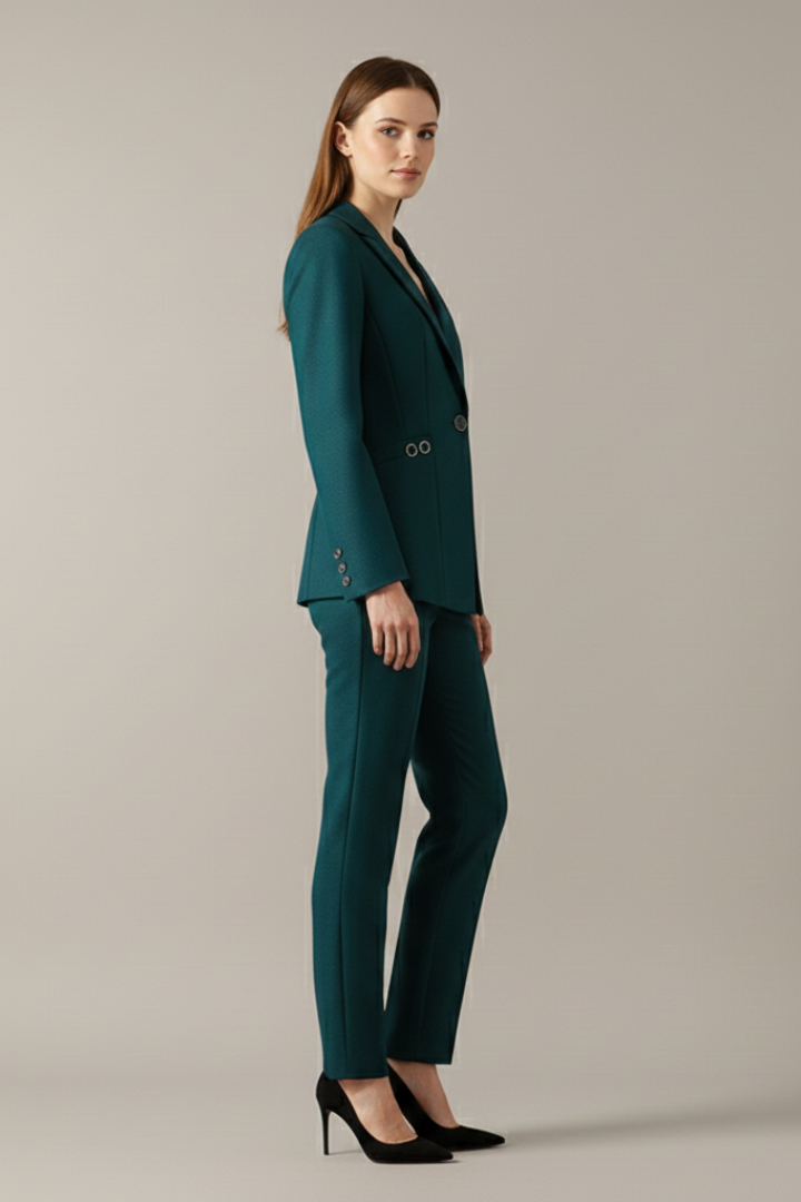 Conjunto feminino blazer e calça reta com botão, visual elegante e estruturado