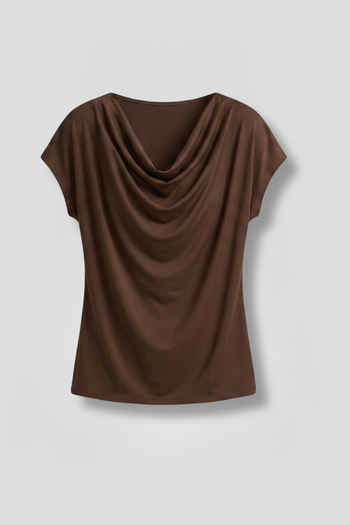 Blusa feminina gola cowl drapeada manga curta frente franzida