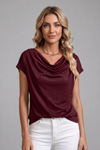 Blusa feminina gola cowl drapeada manga curta frente franzida