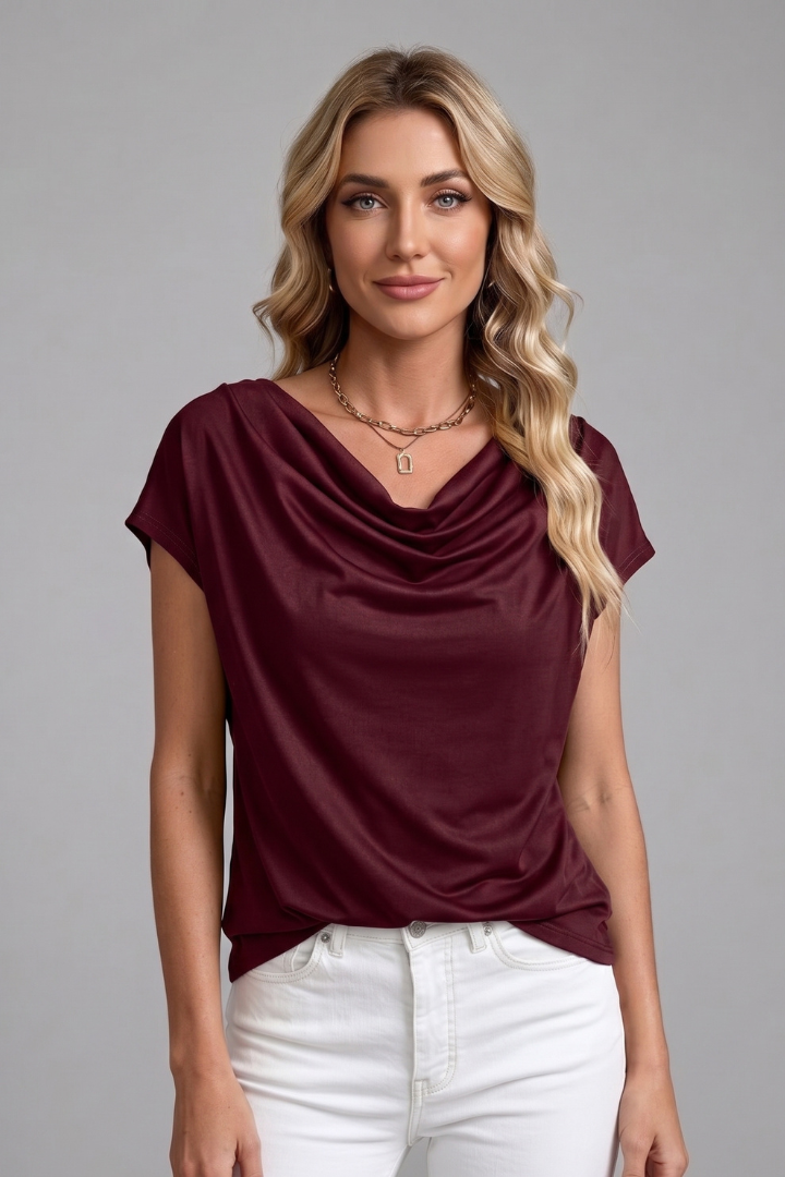 Blusa feminina gola cowl drapeada manga curta frente franzida