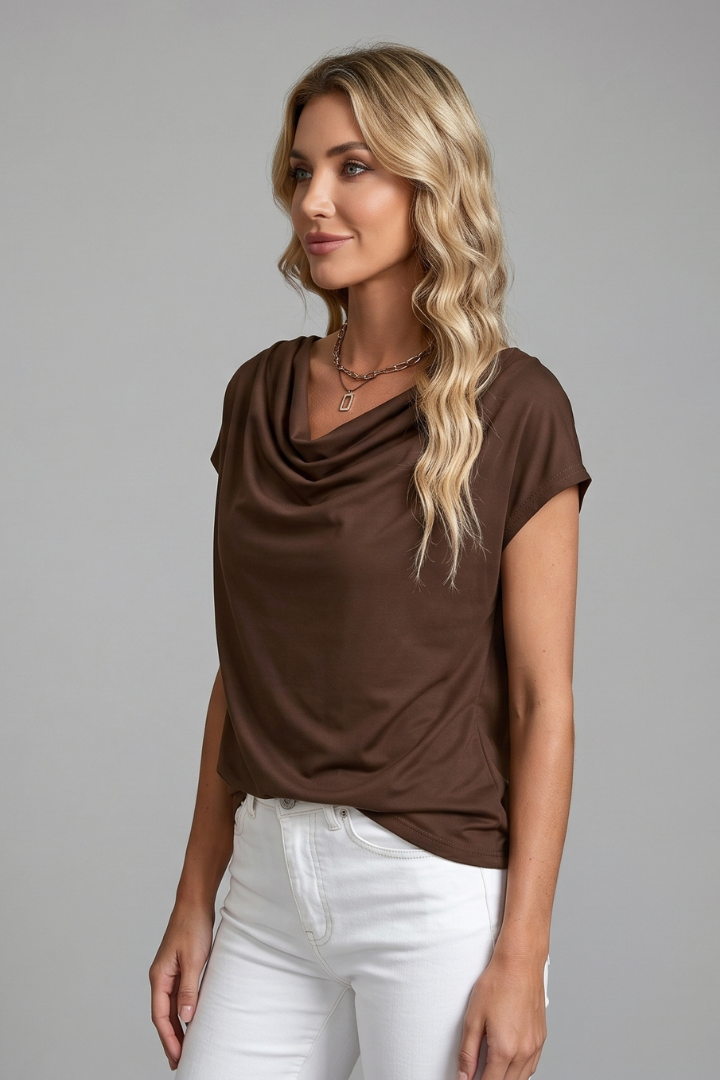 Blusa feminina gola cowl drapeada manga curta frente franzida