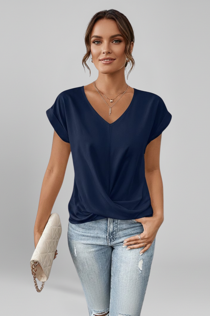 Blusa feminina decote V manga curta corte solto