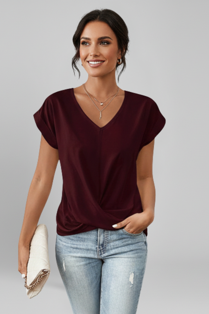 Blusa feminina decote V manga curta corte solto