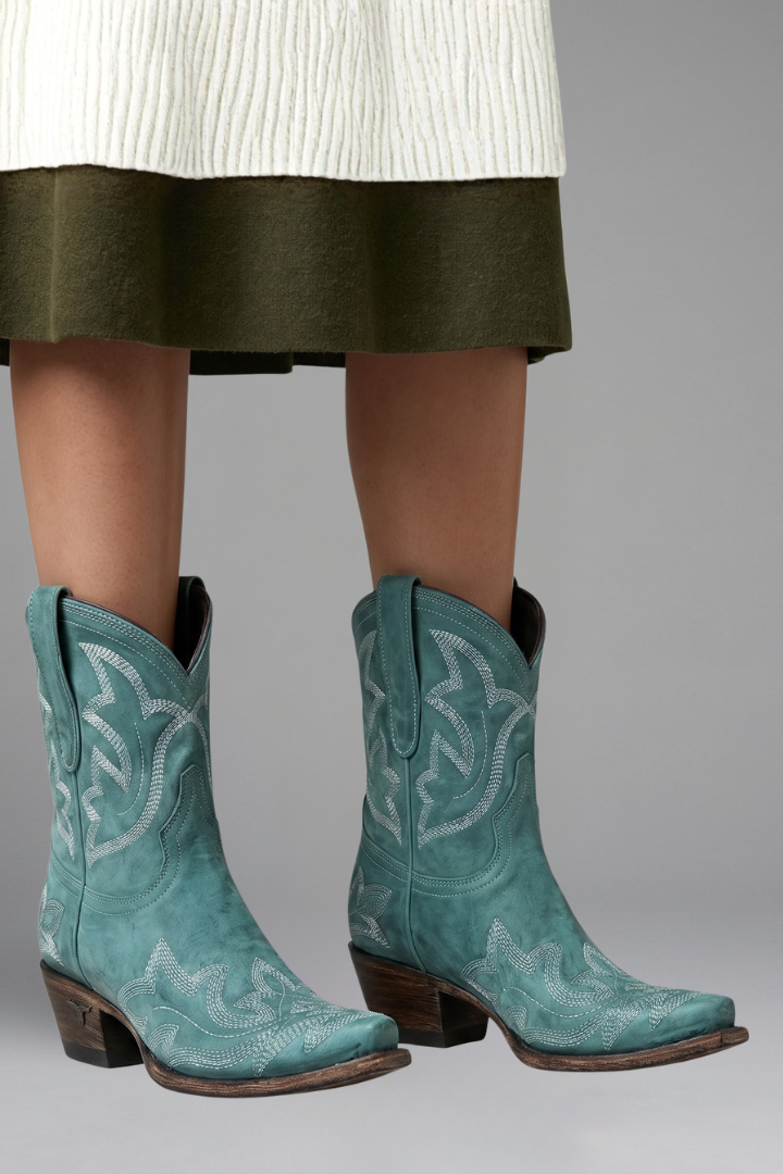 Botas femininas couro bordado Western bico fino cano médio