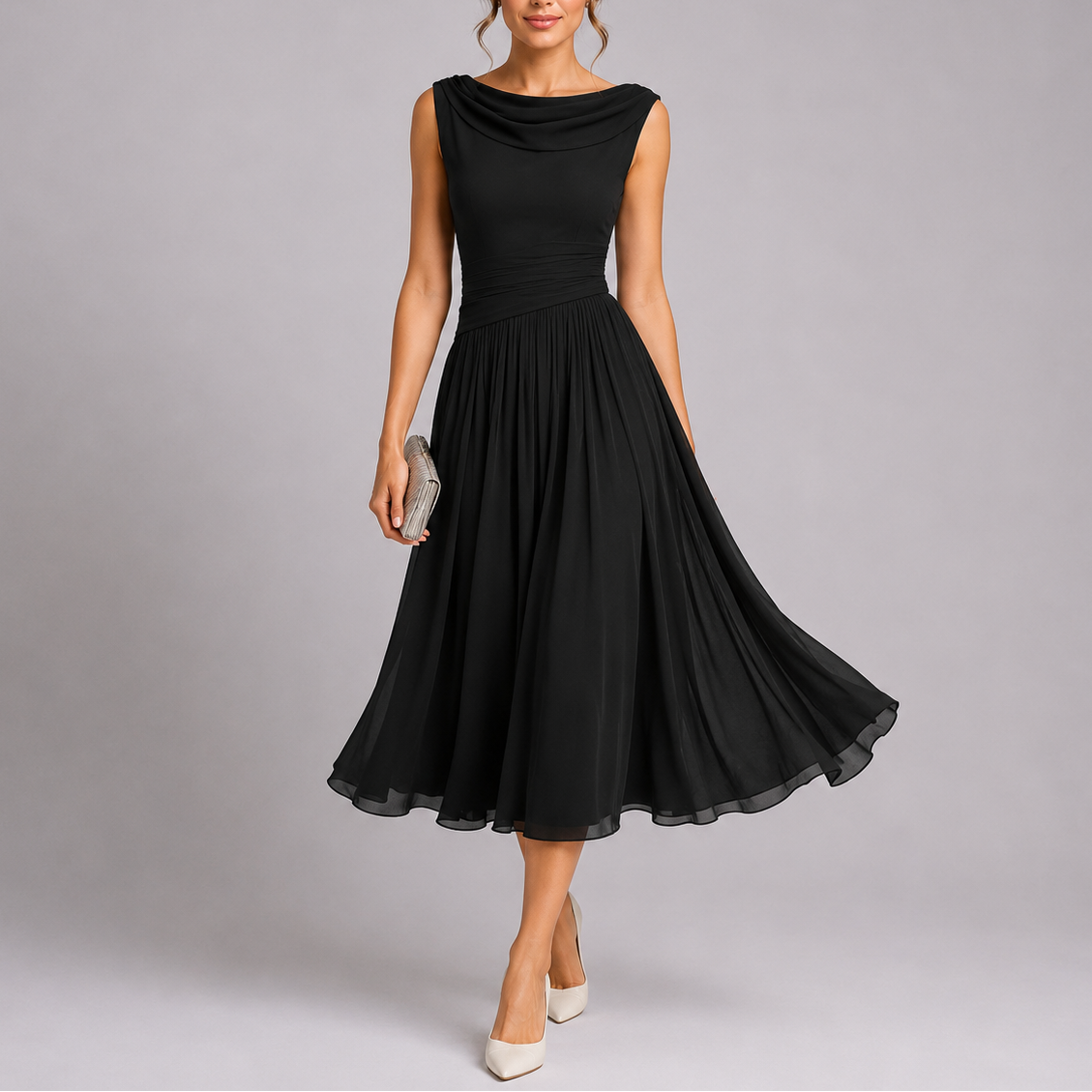 Vestido midi plissado feminino com decote drapeado e saia fluida