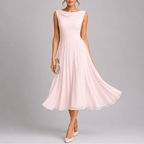 Vestido midi plissado feminino com decote drapeado e saia fluida