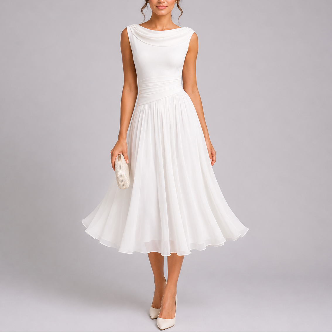 Vestido midi plissado feminino com decote drapeado e saia fluida