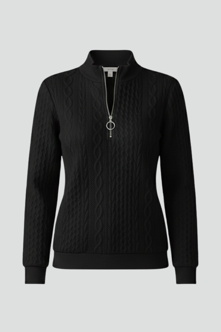 Camisola feminina tricot cabo com gola e fecho de correr manga longa