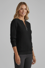 Camisola feminina tricot cabo com gola e fecho de correr manga longa