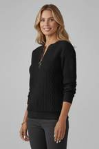 Camisola feminina tricot cabo com gola e fecho de correr manga longa