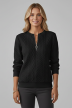 Camisola feminina tricot cabo com gola e fecho de correr manga longa