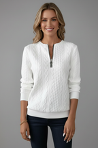 Camisola feminina tricot cabo com gola e fecho de correr manga longa