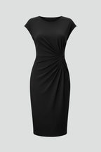 Vestido feminino ao joelho gola redonda cintura franzida manga curta