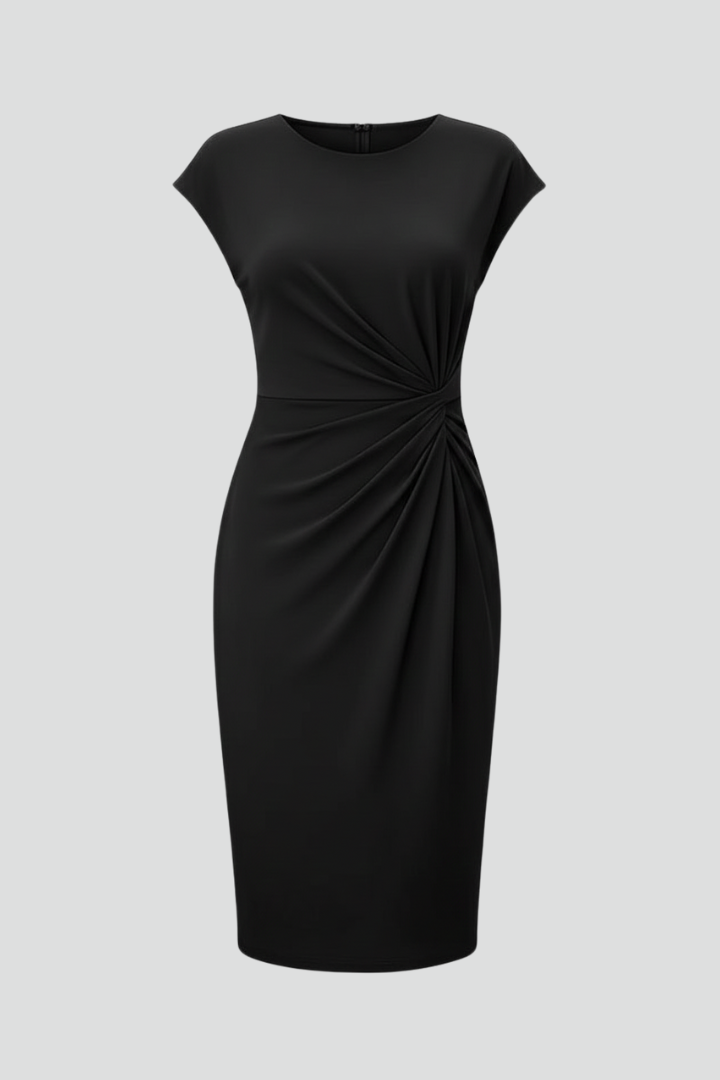 Vestido feminino ao joelho gola redonda cintura franzida manga curta