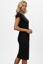 Vestido feminino ao joelho gola redonda cintura franzida manga curta